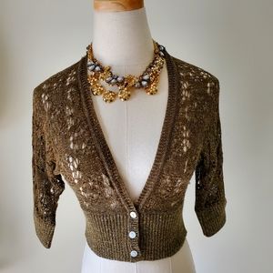 3 button Olive and Gold Knit Bolero with elbow length sleeves
